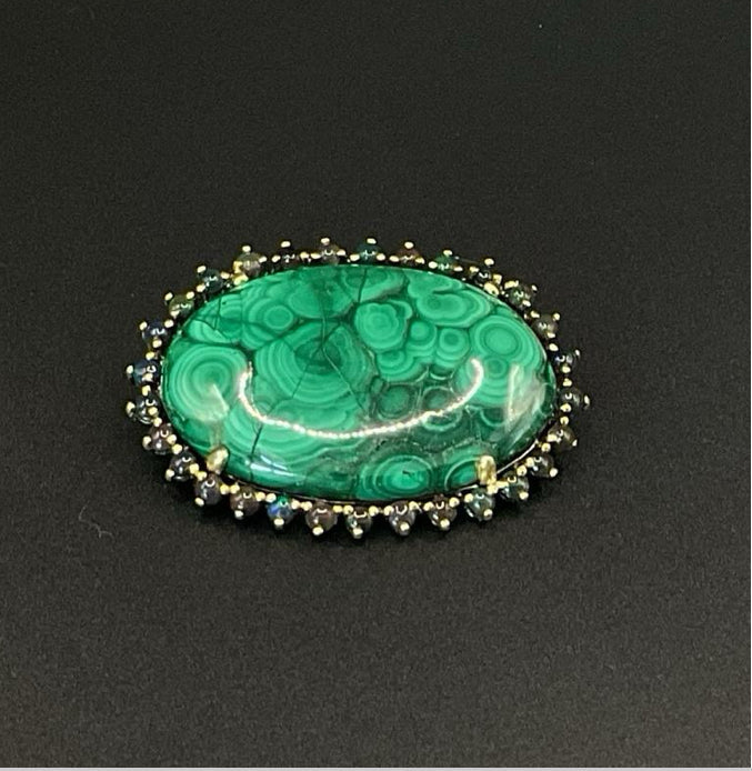 Malachite sterling silver brooch